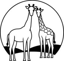 African Giraffe Pair, Wildlife, Nature, Savannah, Black and White, Simple, Line Art, Animal Illustra vector
