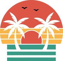 Retro Sunset Palm Trees Ocean Beach Summer Vacation Scene vector