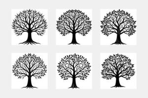 Six Black Silhouette Tree Illustrations Nature, Design, Graphics vector