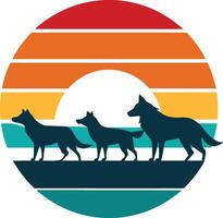 Retro Sunset Silhouette Three Wolves at Dusk in Nature vector