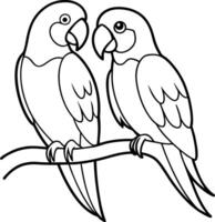 Adorable Lovebirds Perched on Branch, Coloring Page, Outline Drawing, Simple Illustration, Bird Pair vector