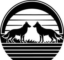 Retro Sunset Wolves Silhouette, Wild Canids, Nature Art Print vector