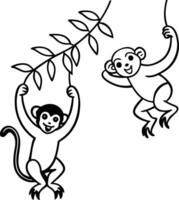 Playful Monkeys Swinging on Vines Jungle Tree Branch vector