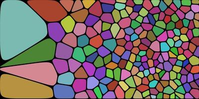 An artistic mosaic featuring irregular, colorful polygons with bold black outlines, transitioning from large shapes on the left to smaller, intricate ones on the right. vector