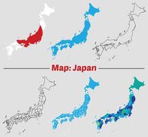 Japan country map set. internal provinces borders marked, Simple map of Japan drawing, Filled and outline. vector