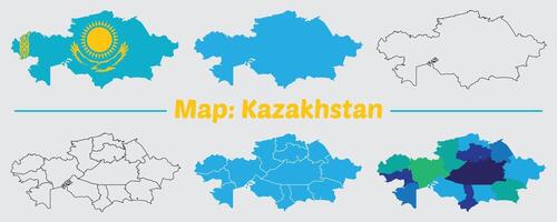 Kazakhstan country map set. internal provinces borders marked, Simple map of Kazakhstan drawing, Filled and outline. vector