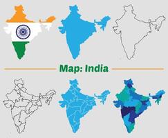 India country map set. internal provinces borders marked, Simple map of India drawing, Filled and outline. vector