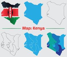 Kenya country map set. internal provinces borders marked, Simple map of Kenya drawing, Filled and outline. vector