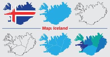 Iceland country map set. internal provinces borders marked, Simple map of Iceland drawing, Filled and outline. vector