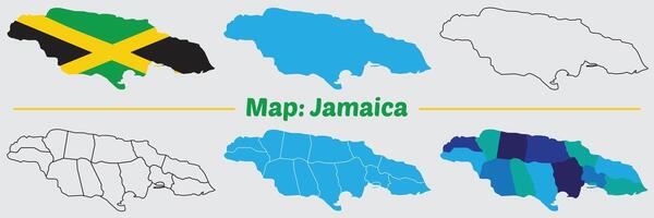 Jamaica country map set. internal provinces borders marked, Simple map of Jamaica drawing, Filled and outline. vector