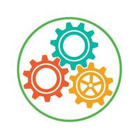 Minimalist colorful mechanical gears symbol in circular frame. vector