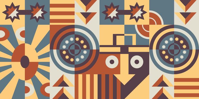 Abstract retro musical pattern. The background banner. Vintage art poster in retro style, stars, circle, pop art. An invitation to a party. Modern geometric illustration