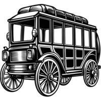 An old fashioned bus is shown in black and white vector