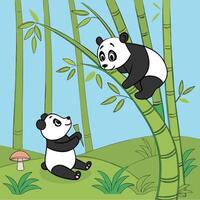 Two panda bears are climbing up a tree vector