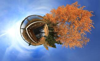 Little planet panorama from lookout tower in Vajsjon nature reserve in Sweden photo