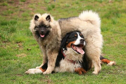 Keeshond and Bernese mountain dog happily playing in the grass photo