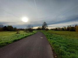 Road between fresh green meadows in Germany photo