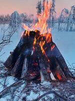 Bonfire in Swedish winter landscape at dusk photo