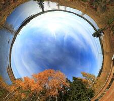 Inverted tittle planet panorama rabbit hole from lookout tower in Vajsjon nature reserve in Sweden photo