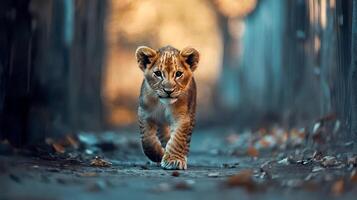 A adorable big lion cub walks across a dry grass field, gazing at the camera with an alert expression. photo