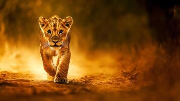 A adorable big lion cub walks across a dry grass field, gazing at the camera with an alert expression. photo