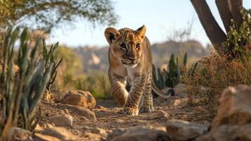 A adorable big lion cub walks across a dry grass field, gazing at the camera with an alert expression. photo