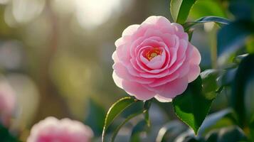 camellia pink flowers sunny morning natural light for copy text space in valentine concept. photo