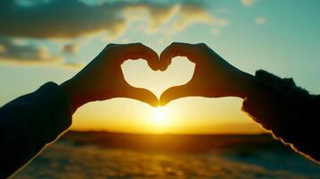 Two hands create a heart shape against a beautiful sunset background in a field of flowers, Couple making heart with hands. photo
