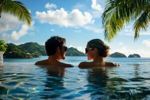 Couple enjoying beach vacation holidays at tropical resort with swimming pool and coconut palm trees near the coast with beautiful landscape. photo