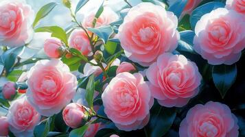 camellia pink flowers sunny morning natural light for copy text space in valentine concept. photo