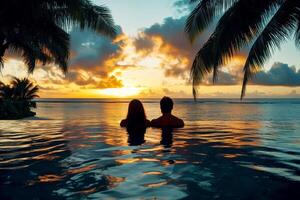 Couple enjoying beach vacation holidays at tropical resort with swimming pool and coconut palm trees near the coast with beautiful landscape. photo