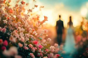 a couple wedding outdoor . blurry beauty flower land scape with defocused effect. photo