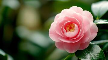 camellia pink flowers sunny morning natural light for copy text space in valentine concept. photo