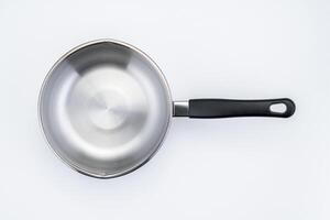 Top view of new empty frying pan isolated on white photo