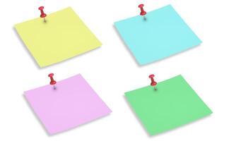Sticky notes in assorted vibrant hues set against a white backdrop. Blank note, red pin photo