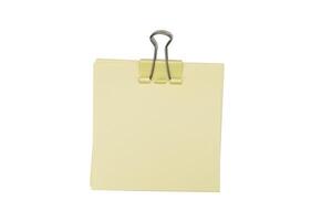 Blank post it note with green paper clip isolated on white, yellow color post it paper with creases and curling photo