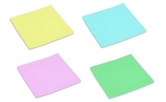 Sticky notes in assorted vibrant hues set against a white backdrop. Blank note. photo