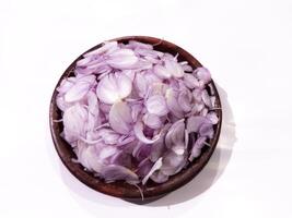 Sliced red onion on a ground plate on a white background photo