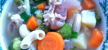 Sayur sop or vegetable with meat soup on the plate. Indonesian popular culinary. Healthy food and delicious photo