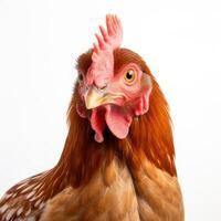A close-up of a rooster is isolated on a white background. Bust. head. half photo