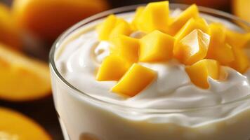 Healthy breakfast snack. Bowl with natural yogurt and mango pieces on top. close up photo