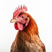 A close-up of a rooster isolated on a white background. Bust. Side view photo