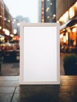 an empty small painting with a white frame on a blurred street background. photo