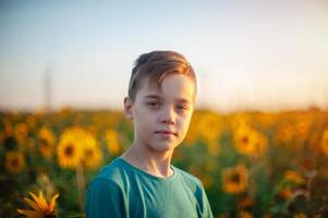 Portrait of beautiful blond kid boy on summer sunflower field photo