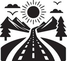 A black and white illustration of a road with trees and mountains vector
