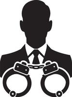A silhouette of a man in a suit and tie with handcuffs vector