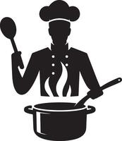 A chef with a pot and spoon in his hand vector