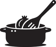 A black and white illustration of a pot with a spoon and a bowl vector