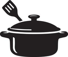 A black and white illustration of a pot and utensils vector