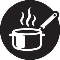 A black and white icon of a pot with a spoon vector